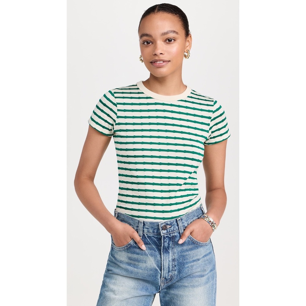Nation LTD Laurence Shrunken Vintage Green and White Stripe T-Shirt | Size Large